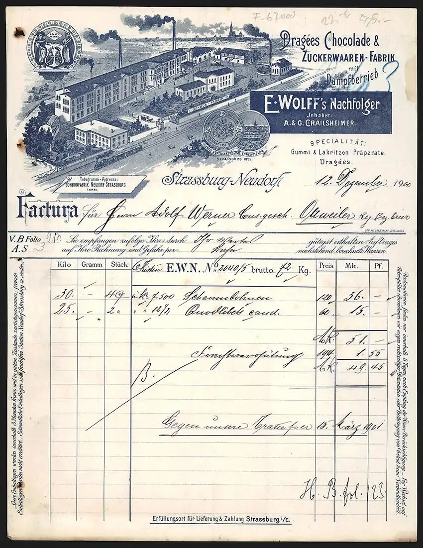 Rechnung Strassburg-Neudorf 1900, E. Wolff`s Nachf., Dragées Chocolade & Zuckerwaaren-Fabrik, Betriebsgelände, Medaillen