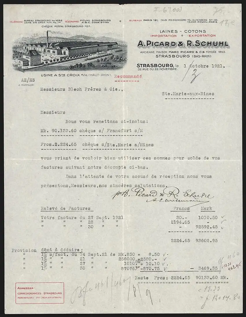 Rechnung Strasbourg 1921, A. Picard & R. Schuhl, Laines & Cotons Importation & Exportation, Betriebsgelände mit Gleisen