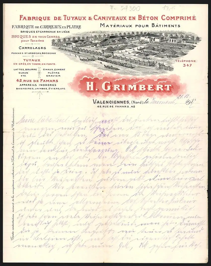 Rechnung Valenciennes 1914, H. Grimbert, Fabrique de Tuyaux & Caniveaux en Béton Comprimé, Betriebsgelände mit Eisenbahn
