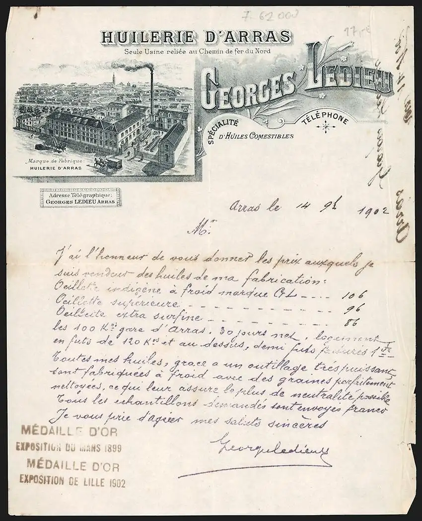 Rechnung Arras 1902, Georges Ledieu, Huilerie d`Arras, Betriebsgelände am Transportbahnhof