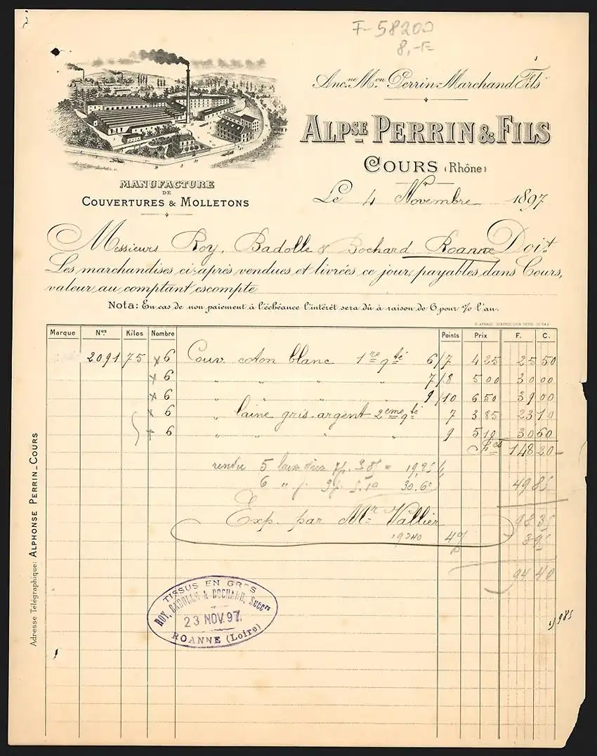Rechnung Cours 1897, Alp. Perrin & Fils, Manufacture de Couvertures & Molletons, Betriebsgelände aus der Vogelschau