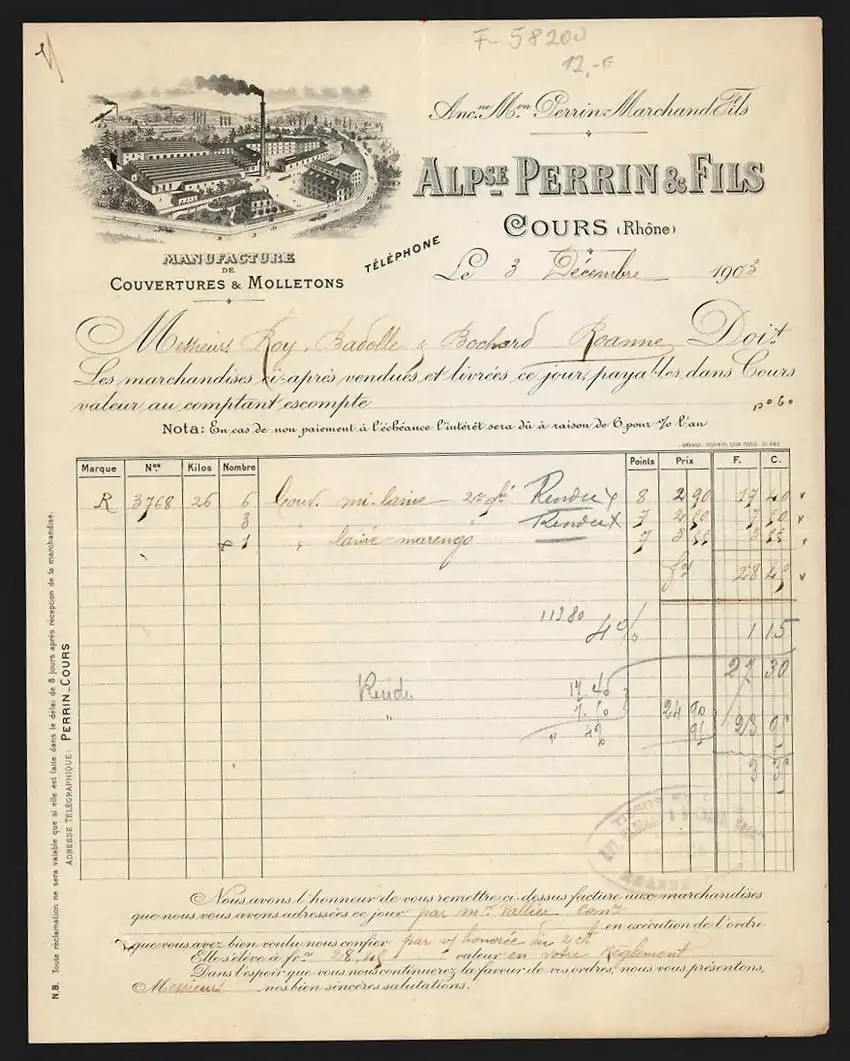 Rechnung Cours 1903, Alp. Perrin & Fils, Manufacture de Couvertures & Molletons, Betriebsgelände aus der Vogelschau