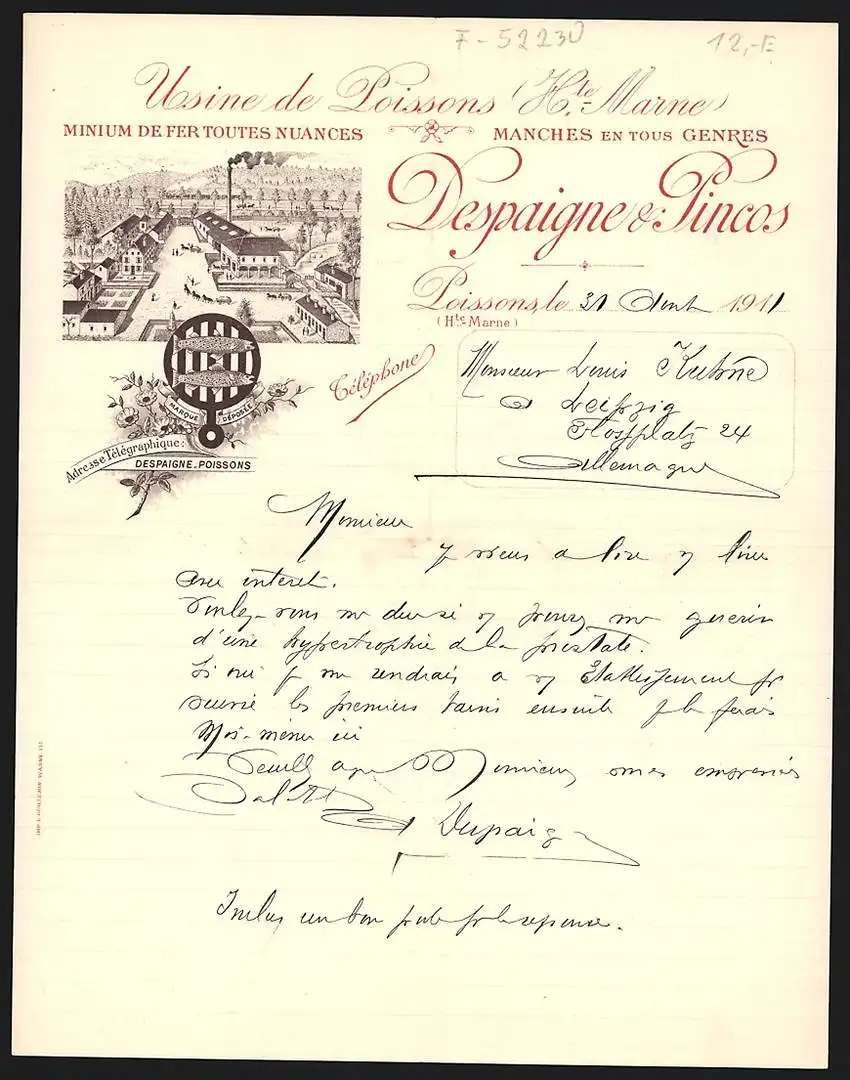 Rechnung Poissons 1911, Despaigne & Pincos, Minium de Fer Toutes Nuances, Betriebsgelände und Schutzmarke