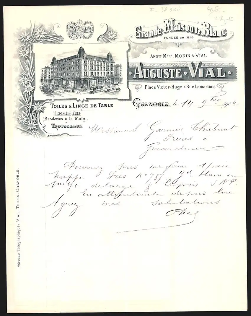 Rechnung Grenoble 1902, Auguste Vial, Grande Maison de Blanc, Ladenansicht an belebter Strasse