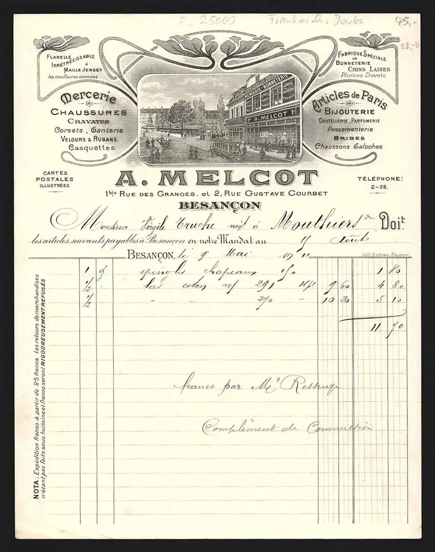 Rechnung Besancon 1911, A. Melcot, Mercerie & Bijouterie, Ladenansicht mit einer Strassenbahn