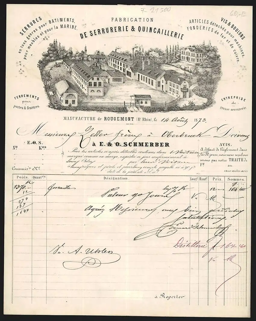 Rechnung Rougemont 1873, E. & O. Schmerber, Fabrication de Serrurerie & Quincaillerie, Betriebsgelände und Geschäftshaus