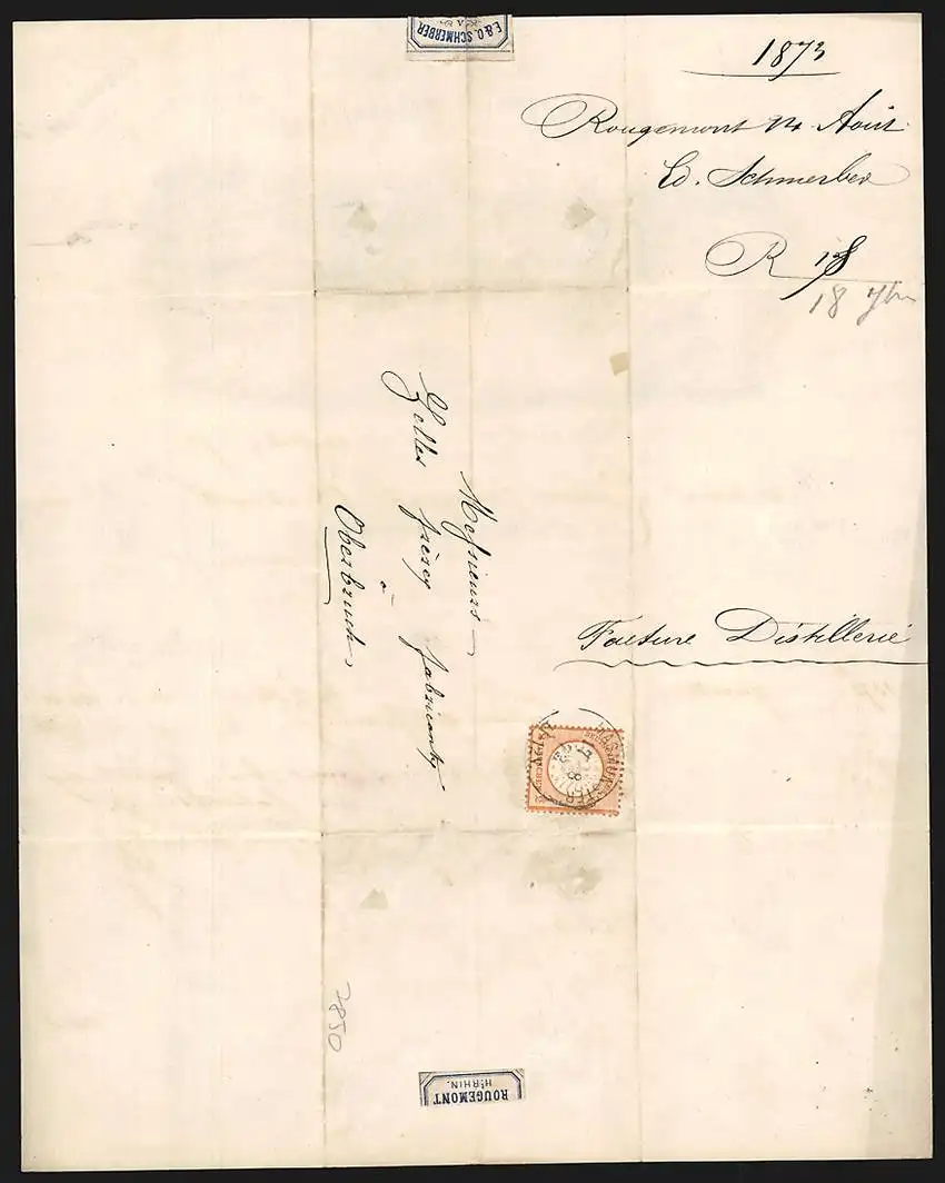 Rechnung Rougemont 1873, E. & O. Schmerber, Fabrication de Serrurerie & Quincaillerie, Betriebsgelände und Geschäftshaus