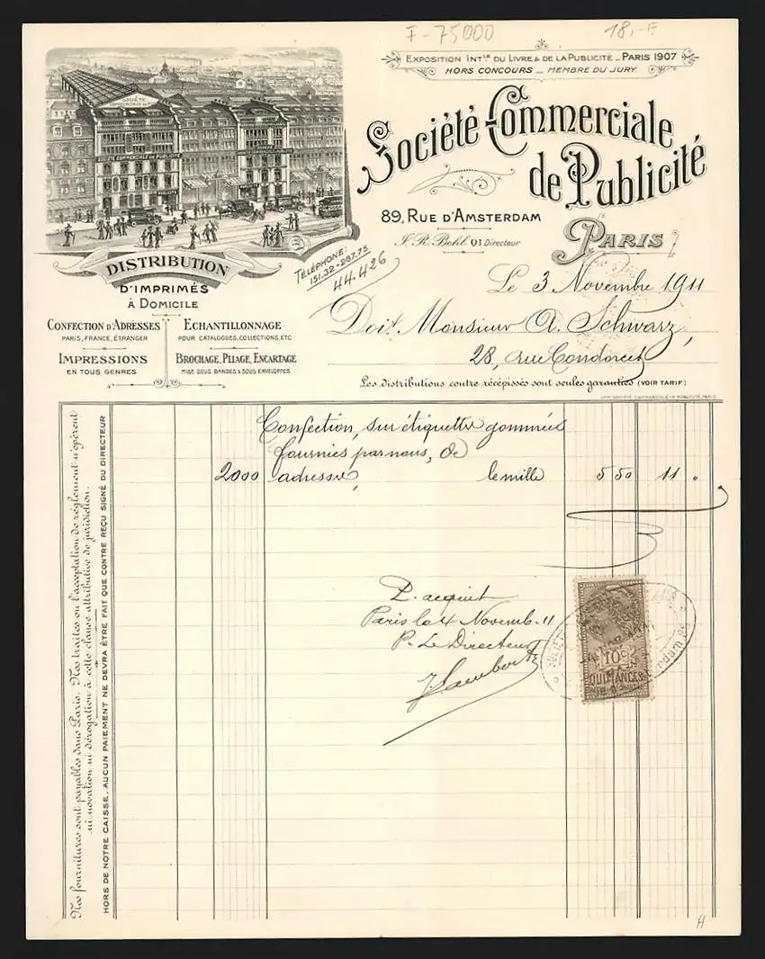 Rechnung Paris 1911, Société Commerciale de Publicité, Distribution d`Imprimés à Domicile, 89 Rue d`Amsterdam, Laden