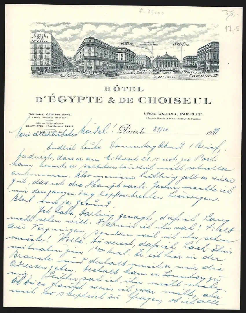Rechnung Paris 1921, Hotel d`Égypte & de Choiseul, Ansicht an der Rue Daunou und Avenue de l`Opéra