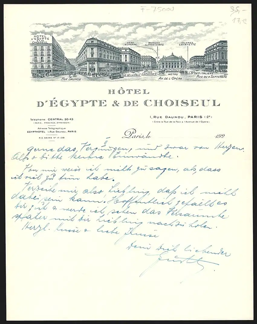 Rechnung Paris, Hotel d`Égypte & de Choiseul, Ansicht an der Rue Daunou und Avenue de l`Opéra