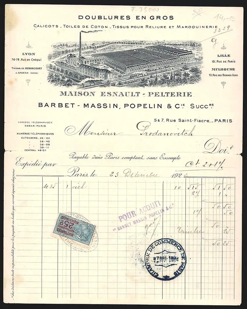 Rechnung Paris 1922, Barbet-Massin, Popelin & Cie. Succ., Doublures en gros, Gesamtansicht des Werkgeländes