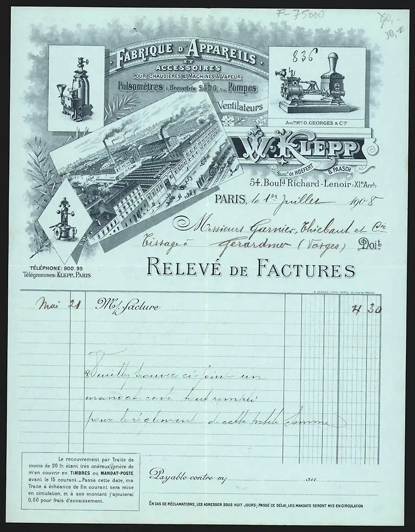Rechnung Paris 1908, W. Klepp, Fabrique d`Appareils et Accessoires, Betriebs- und Produktansichten