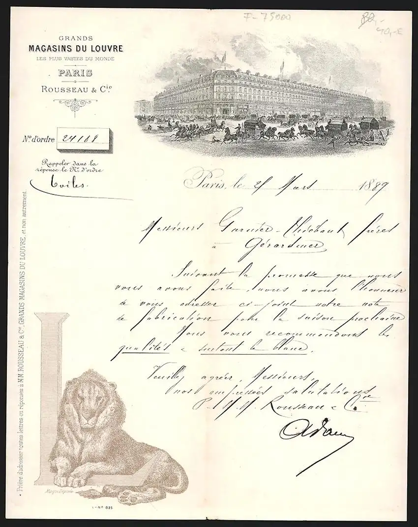 Rechnung Paris 1889, Rousseau & Cie., Grand Magasins du Louvre, Reger Verkehr vor dem Kaufhaus