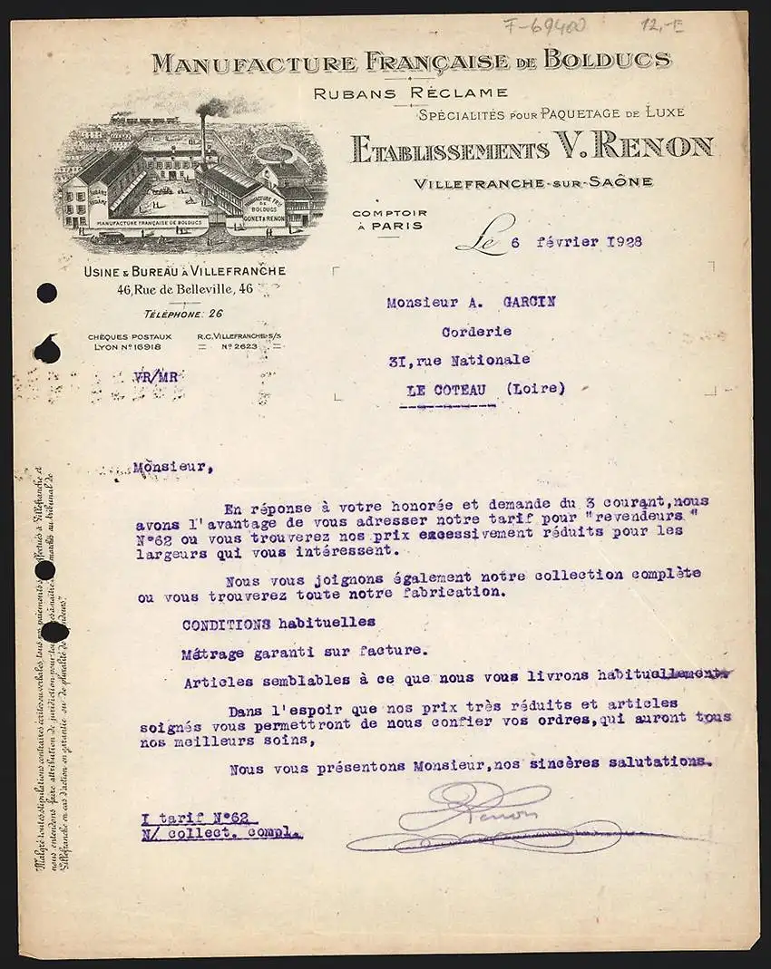 Rechnung Villefranche-sur-Saone 1928, Etablissements V. Renon, Manufacture Francaise de Bolducs, Betriebsgelände