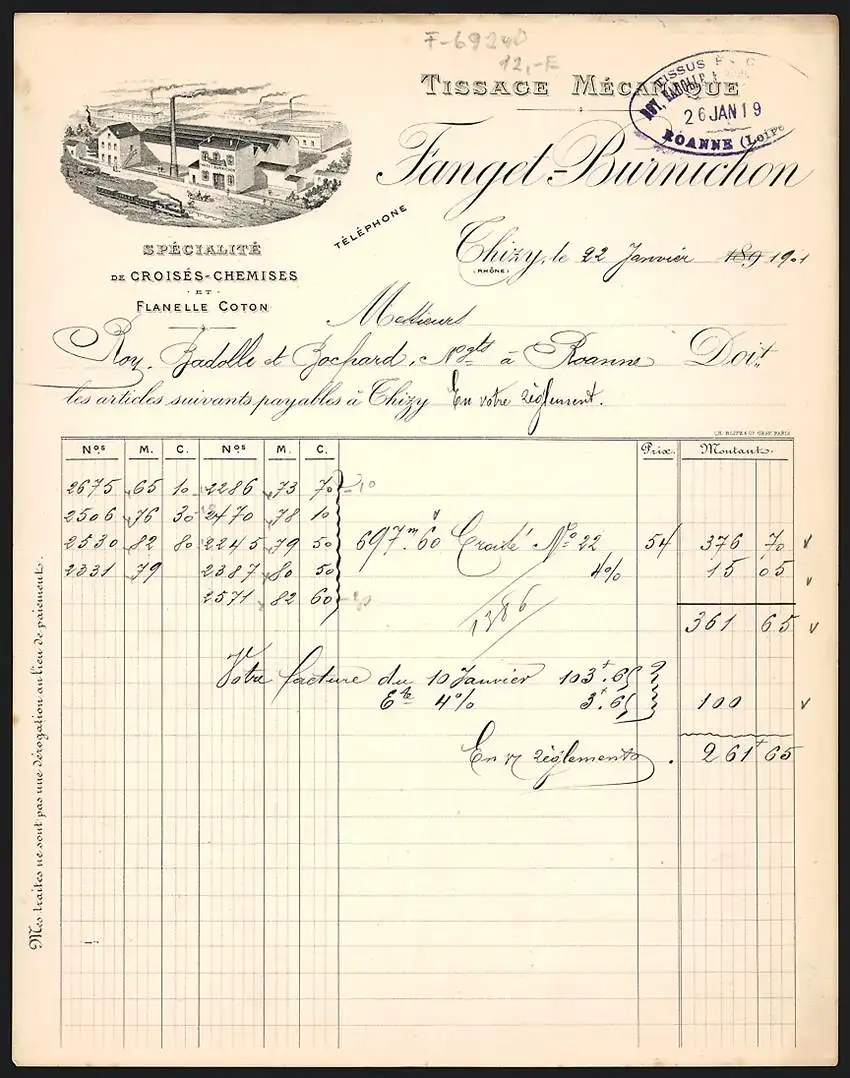 Rechnung Thizy 1901, Fanget-Burnichon, Tissage Mécanique, Eisenbahn vor der Fabrikanlage