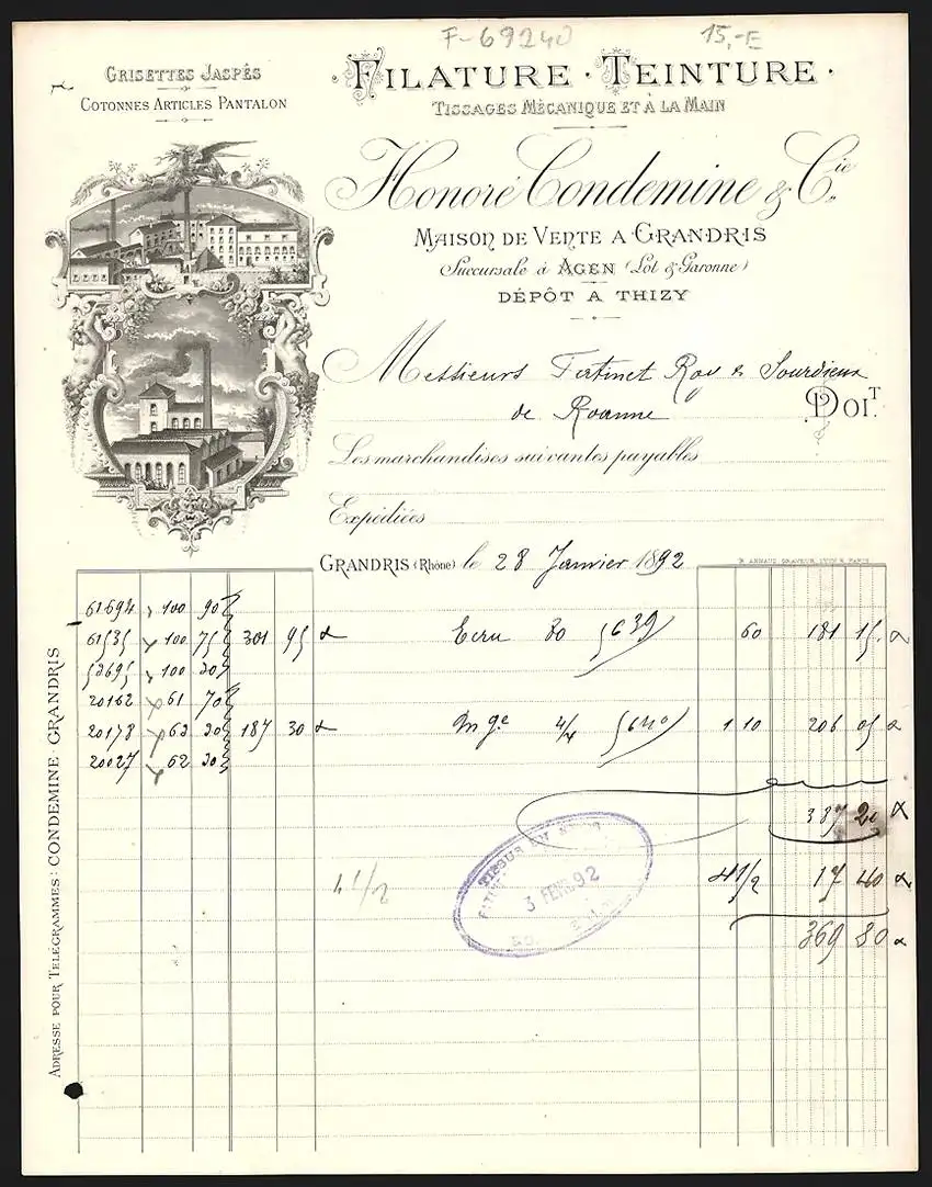 Rechnung Grandris 1892, Honoré Condemine & Cie., Filature & Teinture, Tissages Mécanique et à la Main, Betriebsansichten