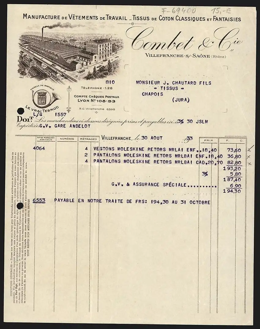 Rechnung Villefranche 1933, Combet & Cie., Manufacture de Vetements de Travail, Gesamtansicht des Fabrikgeländes