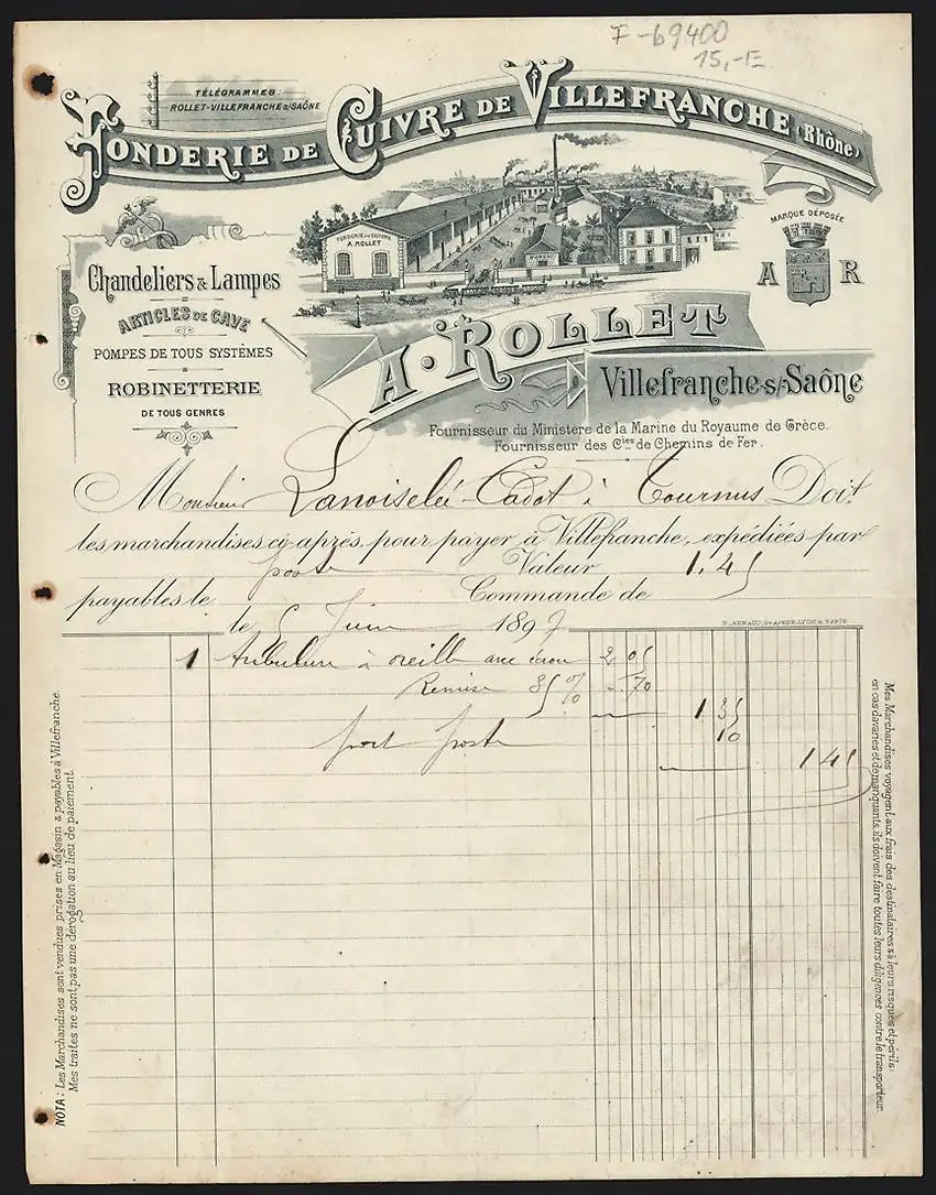 Rechnung Villefranche-sur-Saone 1897, A. Rollet, Fonderie de Cuivre de Villefranche, Fabrikgelände und Firmenlogo