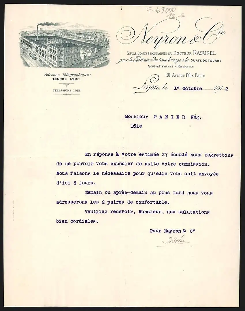 Rechnung Lyon 1912, Neyron & Cie., Seuls Concessionnaires du Docteur Rasurel, Strassenbahn am Geschäftsgelände