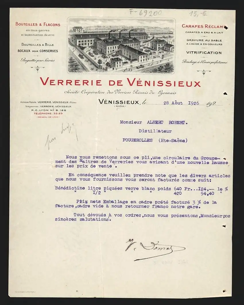 Rechnung Vénissieux 1926, Verrerie de Vénissieux, Gesamtansicht des Fabrikgeländes mit grossem Betriebsgebäude