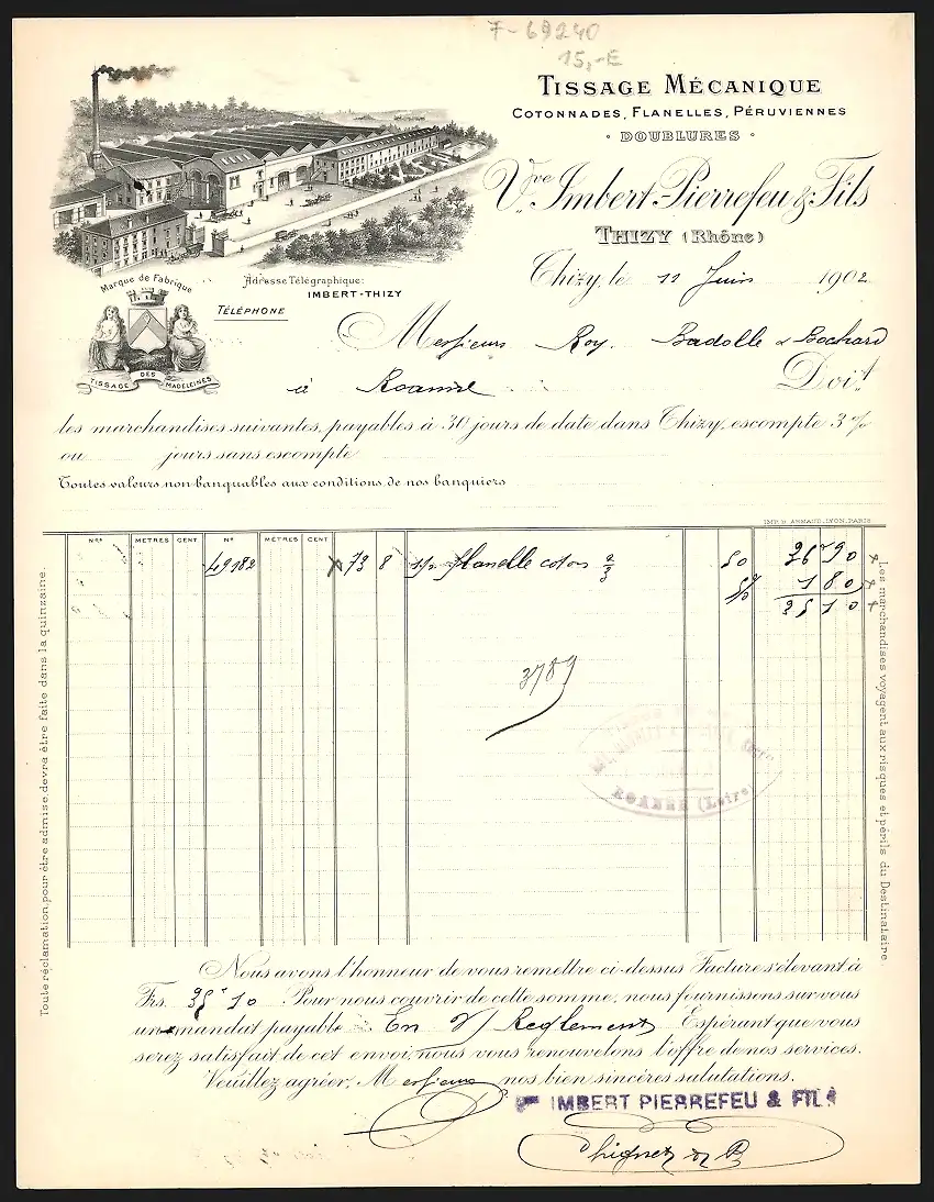 Rechnung Thizy 1902, Vve. Imbert-Pierrefeu & Fils, Tissage Mécanique, Das Betriebsgelände und eine Fabrikmarke