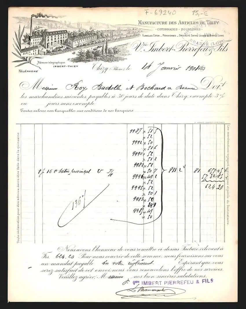 Rechnung Thizy 1901, Vve. Imbert-Pierrefeu & Fils, Manufacture des Articles de Thizy, Betriebsgelände vor Hügeln