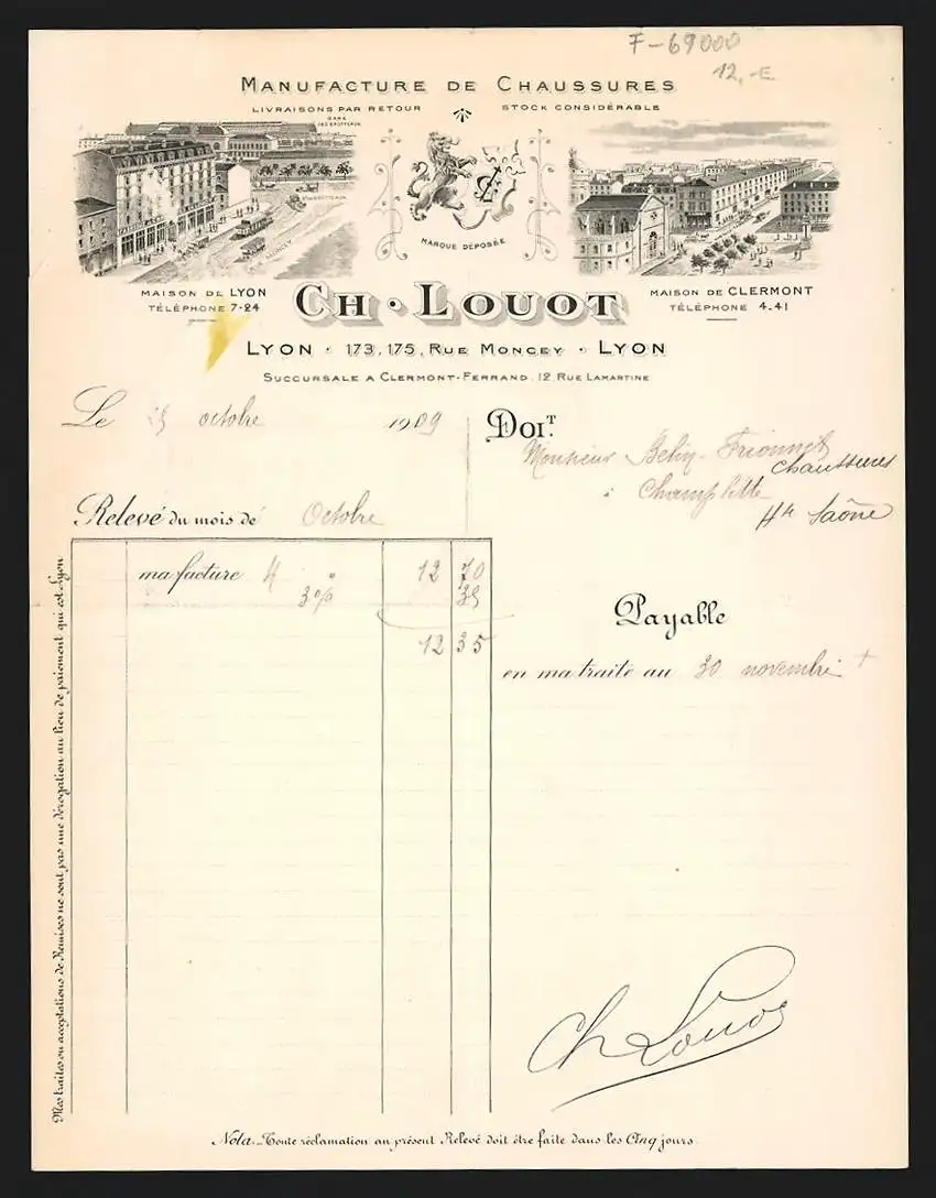 Rechnung Lyon 1909, Ch. Louot, Manufacture de Chaussures, 173-175 Rue Moncey, Ansichten zweier Geschäftsstellen