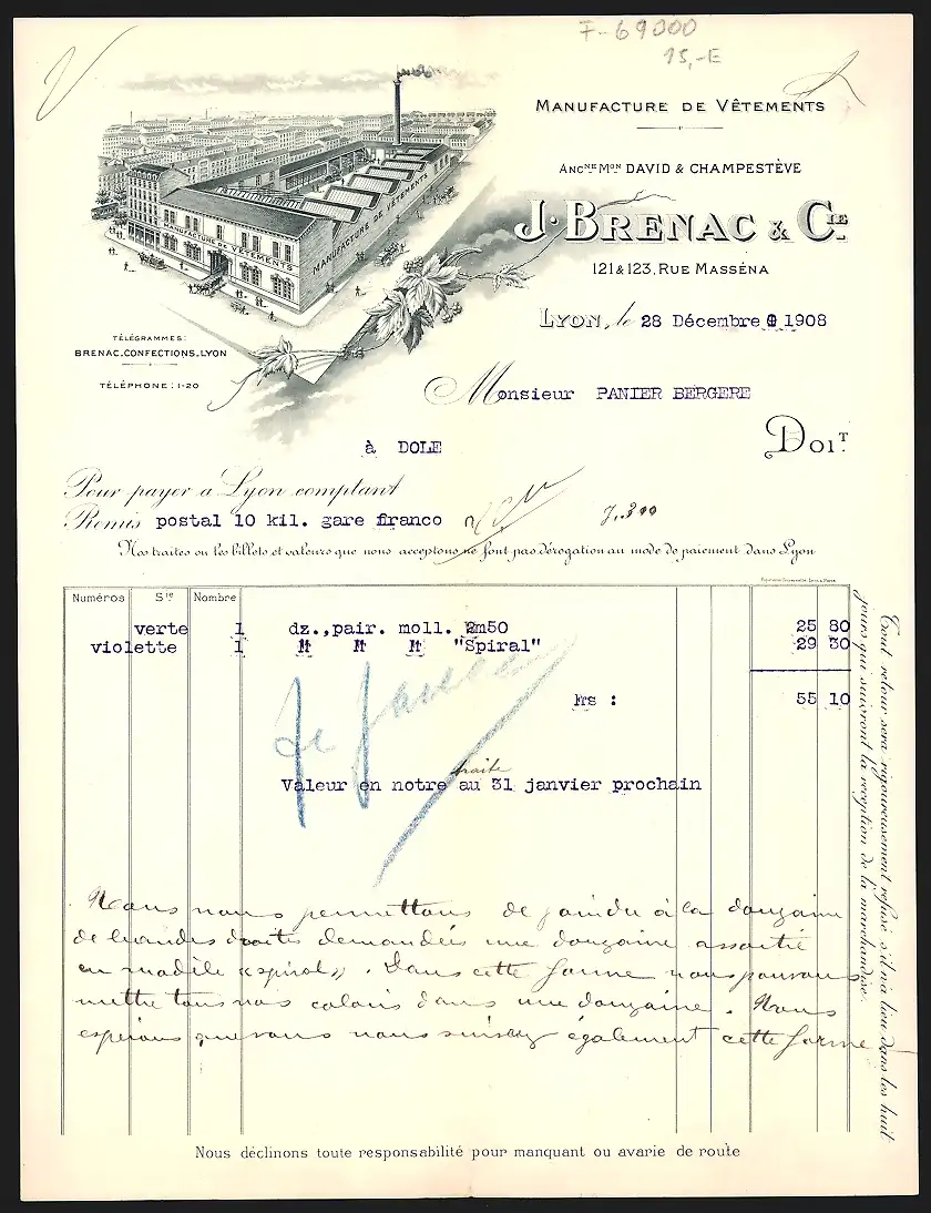 Rechnung Lyon 1908, J. Brenac & Cie., Manufacture de Vetements, Betriebsgelände im Industriegebiet