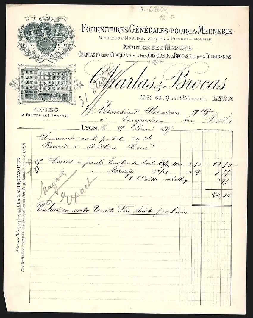 Rechnung Lyon 1895, Charlas & Brocas, Fournitures Générales pour la Meunerie, Ladenansicht und Auszeichnungen