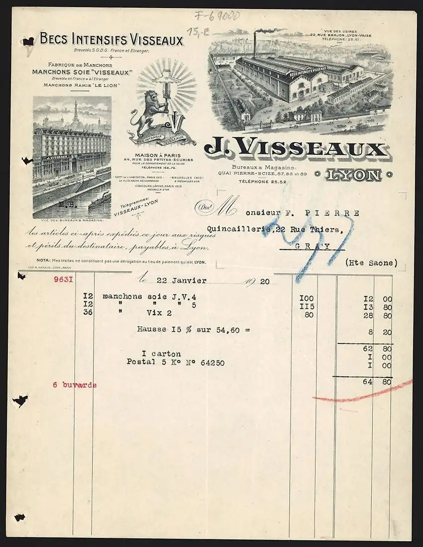 Rechnung Lyon 1920, J. Visseaux, Fabrique de Manchons, Vue des Usines, Vue des Bureaux & Magasins