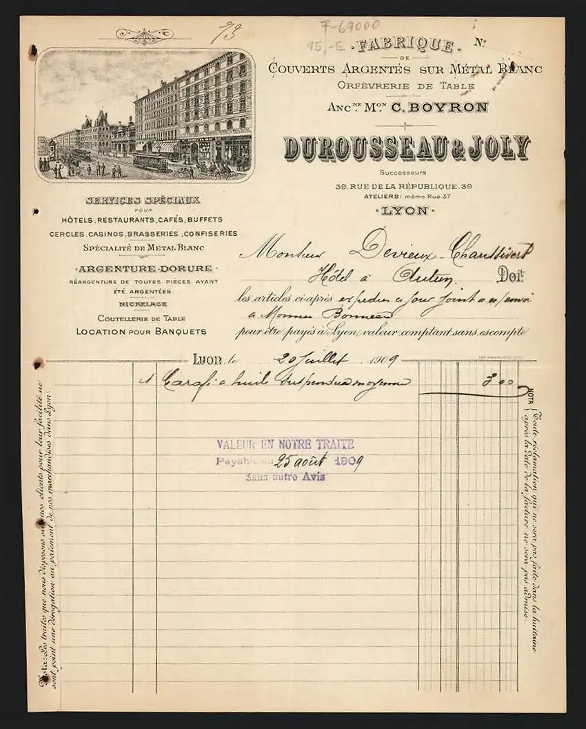 Rechnung Lyon 1909, Durousseau & Joly, Fabrique de Couverts Argentés sur Métal Blanc, Strassenbahn vor dem Geschäft
