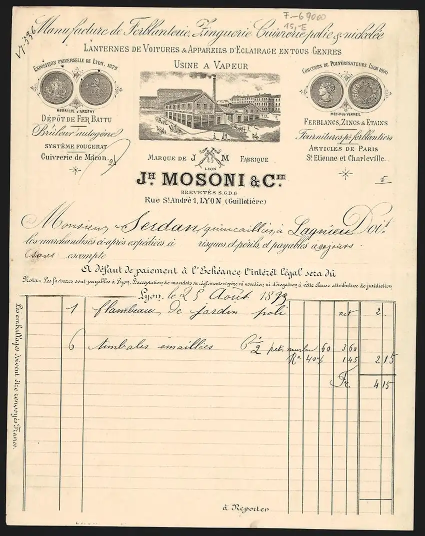 Rechnung Lyon 1893, J. Mosoni & Cie., Manufacture de Ferblanterie, Zinguerie, Cuiverie polie & nickelée, Werkansicht
