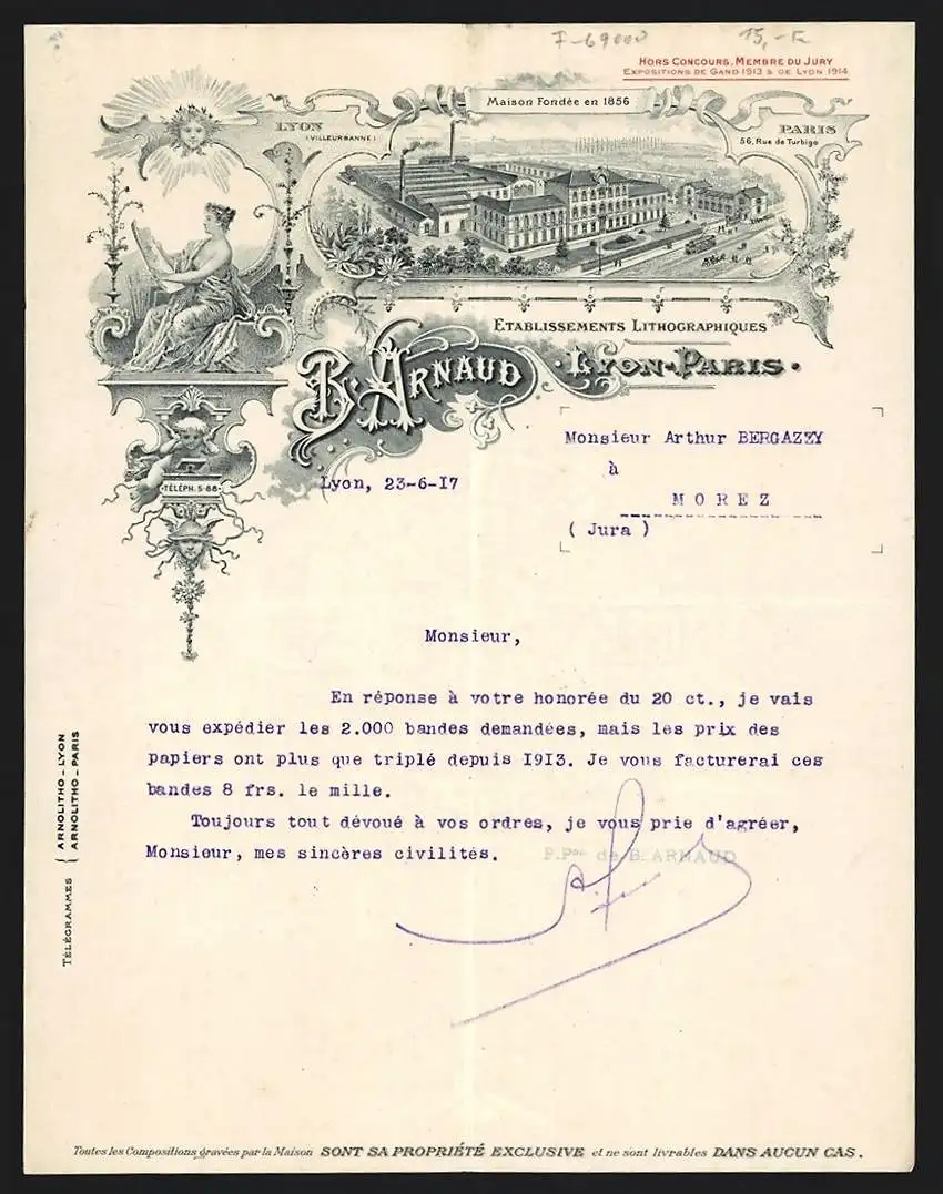 Rechnung Lyon 1917, B. Arnaud, Etablissement Lithographiques, Werkansicht mit einer Strassenbahn, lesende Frau