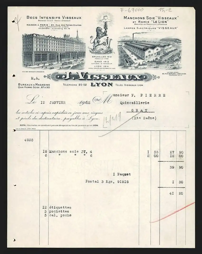 Rechnung Lyon 1922, J. Visseaux, Becs Intensifs & Manchons Soie, Geschäfts- und Fabrikansicht, Firmenlogo