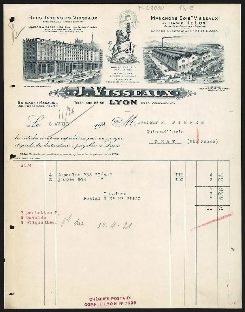 Rechnung Lyon 1921, J. Visseaux, Becs Intensifs & Manchons Soie, Geschäfts- und Fabrikansicht, Firmenlogo