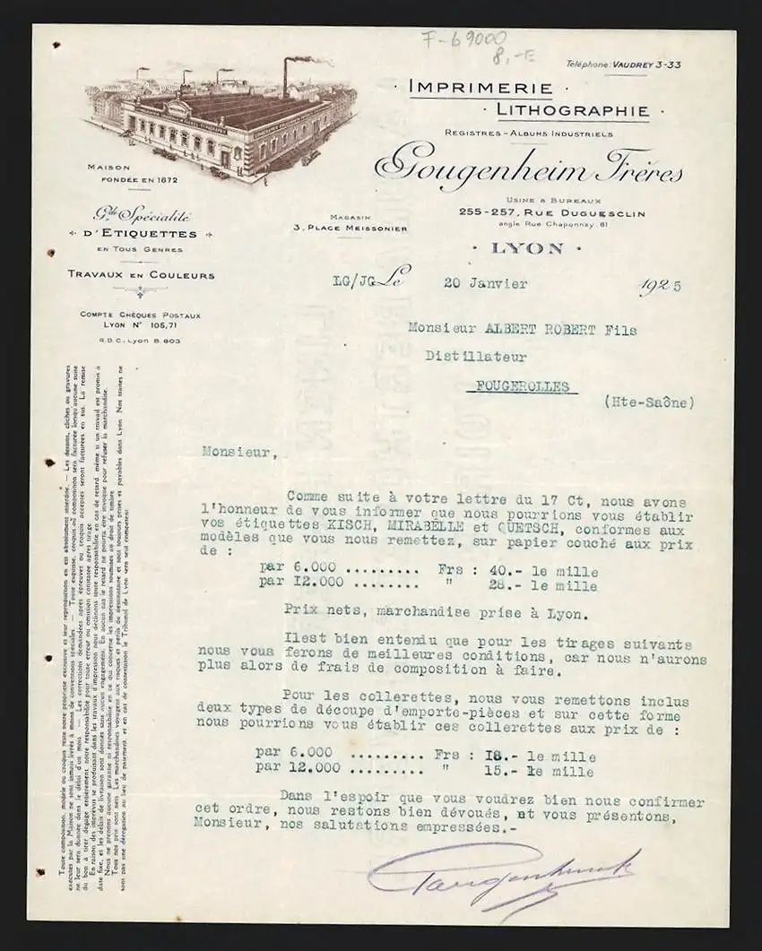 Rechnung Lyon 1925, Gougenheim Frères, Imprimerie, Lithographie, Grosses Geschäftsgebäude