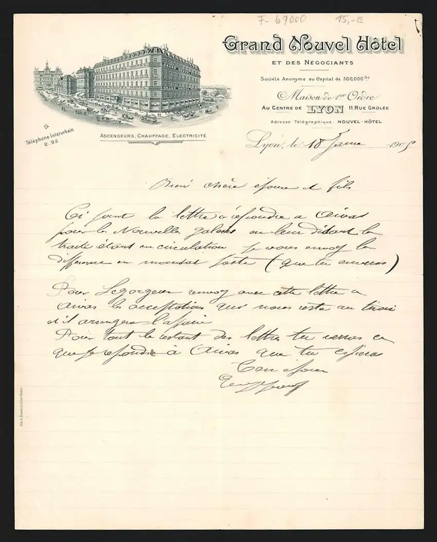 Rechnung Lyon 1905, Grand Nouvel Hotel, Ansicht des Hotels an belebter Kreuzung
