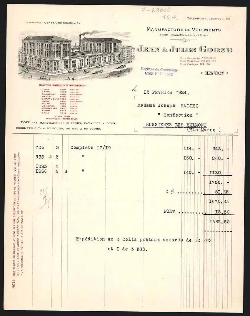 Rechnung Lyon 1924, Jean & Jules Gorse, Manufacture de Vetements, Grosses Fabrikgebäude an belebter Strasse