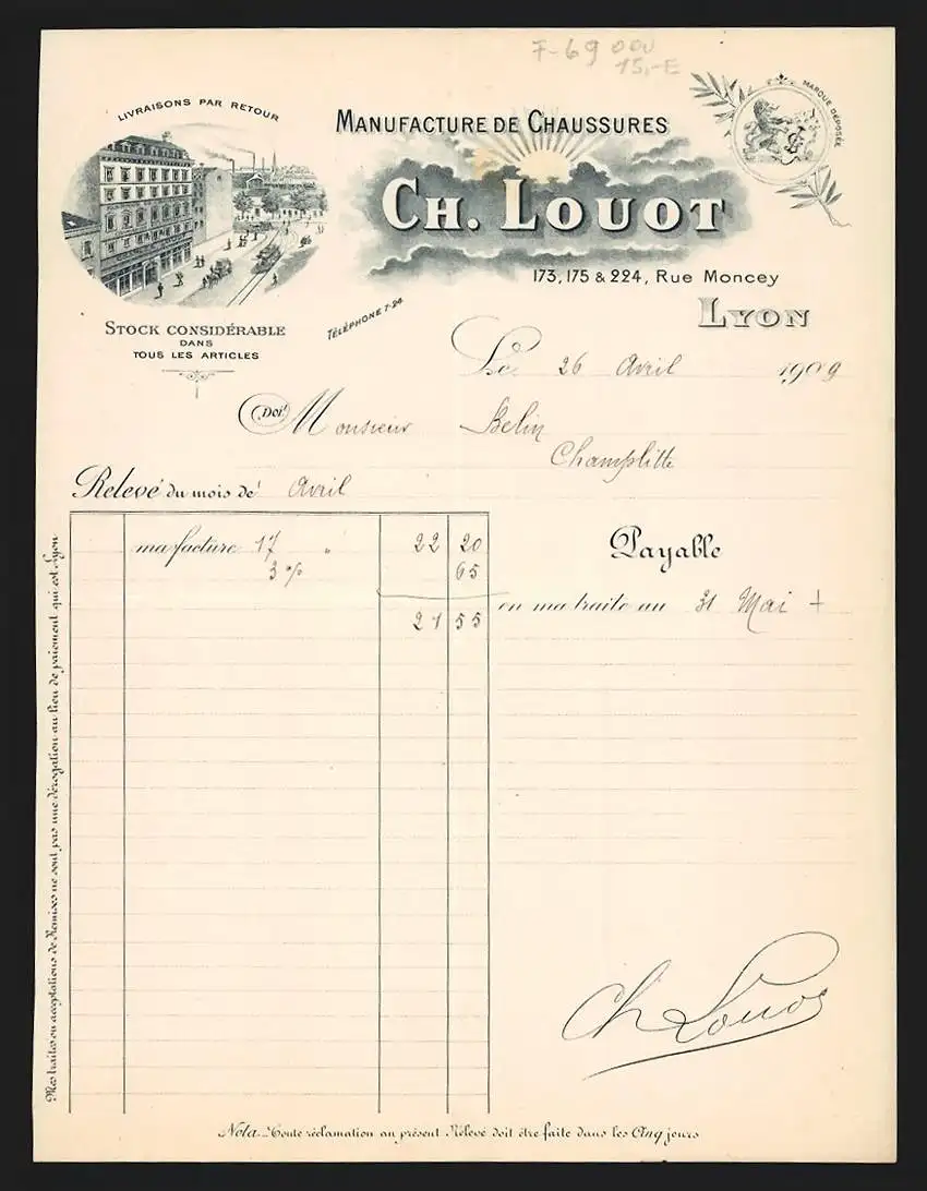 Rechnung Lyon 1909, Ch. Louot, Manufacture de Chaussures, Strassenbahn am Geschäftsgebäude