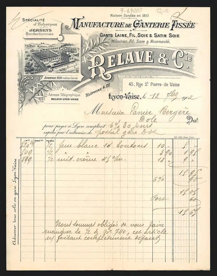 Rechnung Lyon-Vaise 1902, Relave & Cie., Manufacture de Ganterie Tissée, Die Fabrikanlage aus der Vogelschau