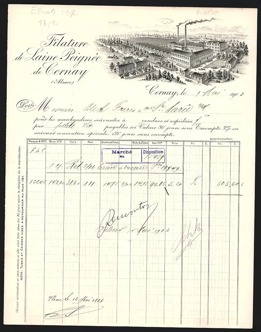 Rechnung Cernay 1902, Filature de Laine Peignée de Cernay, Gesamtansicht der Fabrik aus der Vogelschau