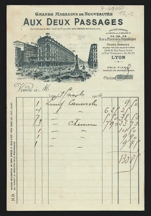 Rechnung Lyon 1906, Aux Deux Passages, Grands Magasins de Nouveautés, Belebte Strasse vor dem Kaufhaus
