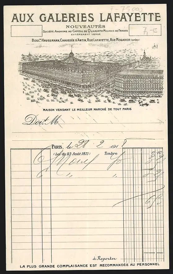 Rechnung Paris 1918, Aux Galleries Lafayette, Nouveautés, Riesiges Kaufhaus aus der Vogelschau
