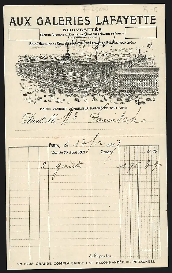 Rechnung Paris 1917, Aux Galleries Lafayette, Nouveautés, Riesiges Kaufhaus aus der Vogelschau