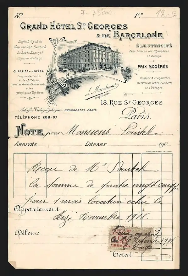 Rechnung Paris 1918, Grand Hotel St. Georges & de Barcelone, Ansicht des Hotels mit Pferdekutschen
