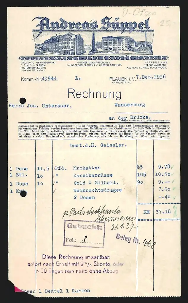 Rechnung Plauen i. V. 1936, Andreas Süppel, Zuckerwaren- und Dragée-Fabrik, Ansichten zweier Betriebsstellen