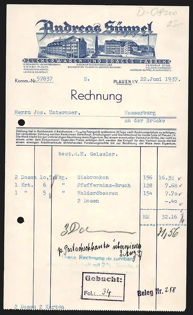 Rechnung Plauen i. V. 1937, Andreas Süppel, Zuckerwaren- und Dragée-Fabrik, Ansichten zweier Betriebsstellen