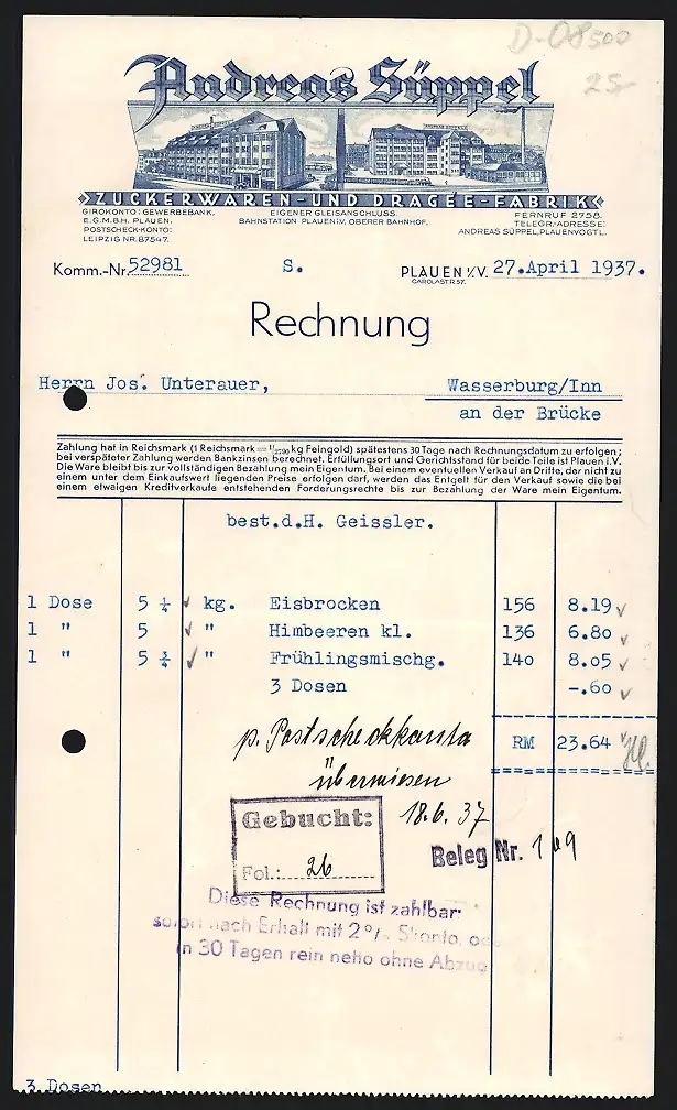 Rechnung Plauen i. V. 1937, Andreas Süppel, Zuckerwaren- und Dragée-Fabrik, Ansichten von Fabrik und Geschäftshaus