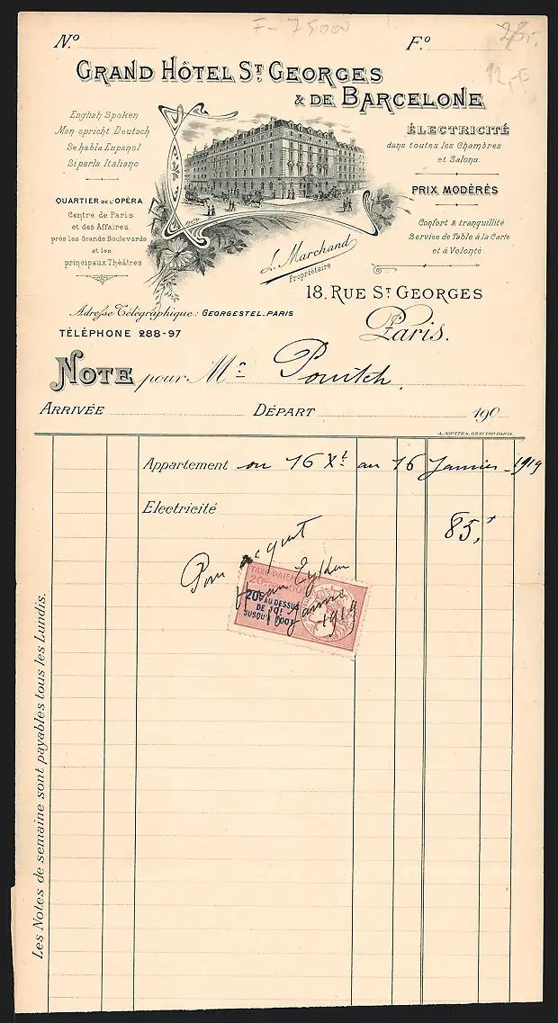 Rechnung Paris 1919, Grand Hotel St. Georges & de Barcelone, Hotelansicht im Jugendstilrahmen