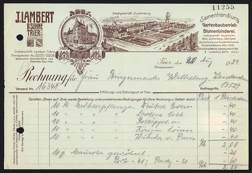 Rechnung Trier 1931, J. Lambert & Söhne, Samenhandlung, Blumenbinderei & Gartenbaubetrieb, Betrieb und Stadtgeschäft